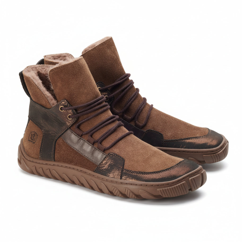 Winter Barfußschuhe in braun mit metallenen Kontrasten in Bronze