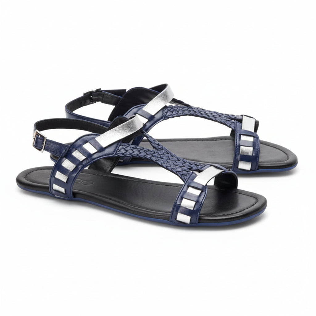 dunkelblaue Barfußsandalen für Damen mit silbernen Riemen