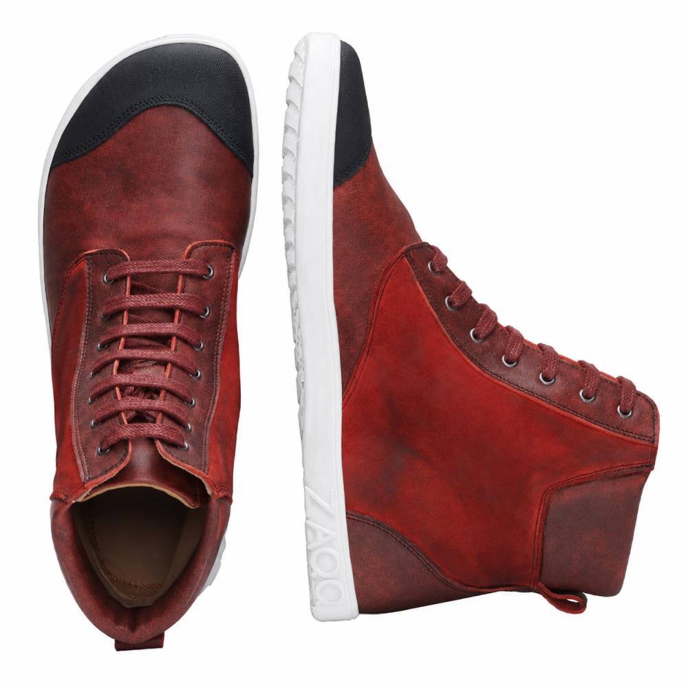El CHICAQO Red de ZAQQ es un par de zapatillas altas de cuero napa y gamuza con puntera negra y suela blanca flexible. Un zapato está expuesto de pie para una vista lateral, mientras que el otro destaca sus cordones y el detalle negro frontal desde arriba. El nombre de la marca ZAQQ es visible en la suela.