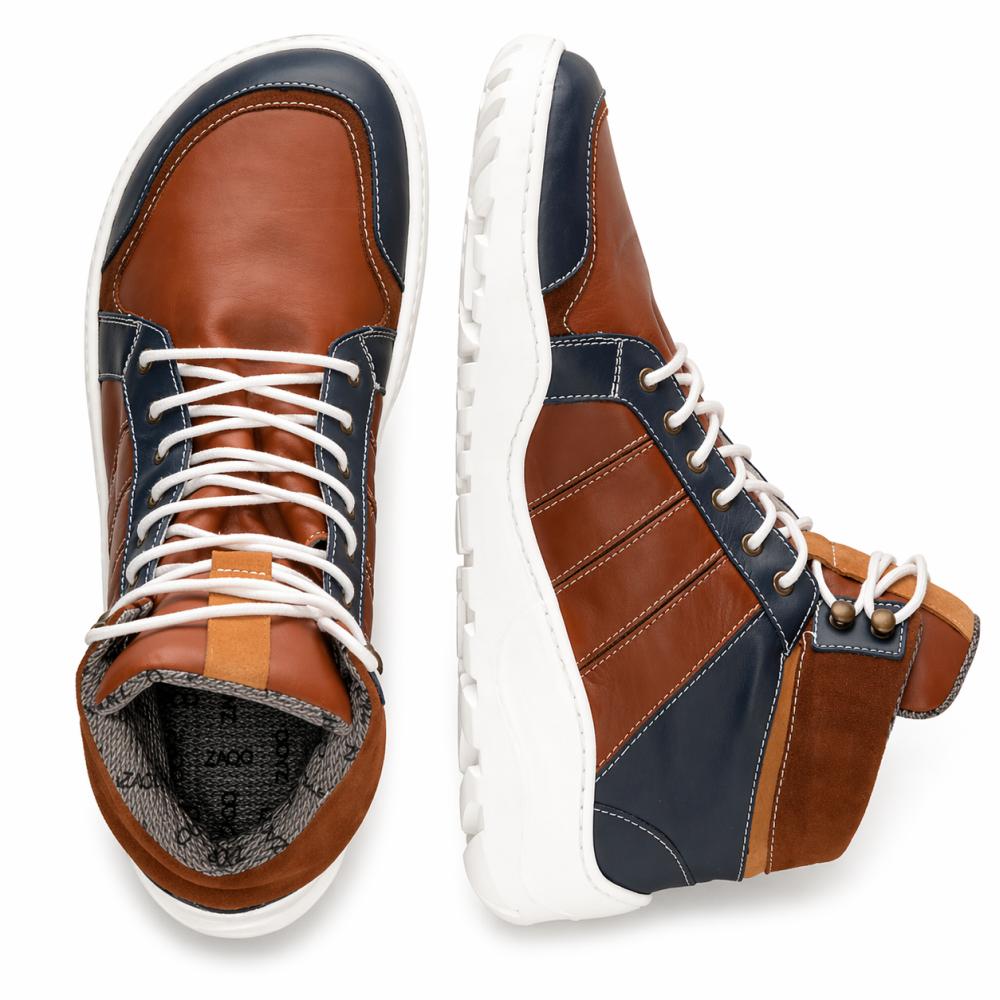 wasserdichterOutdoor Barfußschuh in orangebraun und dunkelblau mit Ultragrip Sohle
